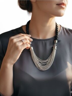 Vintage Layered Silver Chain and Black Rope Statement Necklace